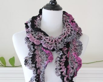Crocheted Black, Pink, Gray Scarf