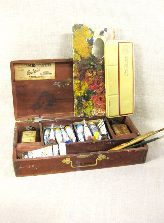 Painters Box Artist Storage Art Supplies Antique Wooden