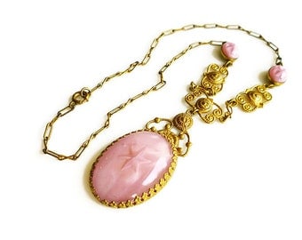 Art Deco Pink Star Sapphire Necklace - Pink Glass, Gilt Gold, Etruscan Revival, Vintage Necklace, Art Deco Jewelry, Antique Jewelry