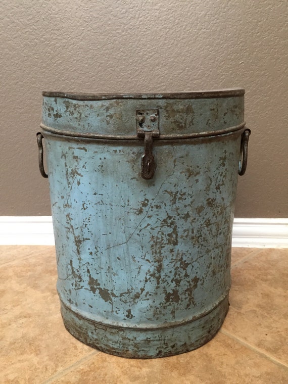 Vintage Antique Blue Large Metal Storage Bin or Can with Lid