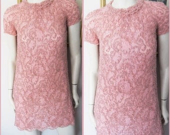 Vtg.60s Dusty Rose Pink Lace Embroidered Mini Dress.S/M.Bust up to 38.