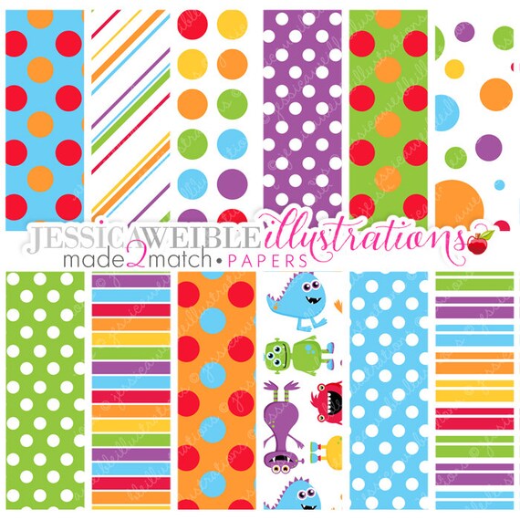 Monster Mongrels Cute Digital Papers Backgrounds for Invitations, Card Design, Scrapbooking, and Web Design Il_570xn