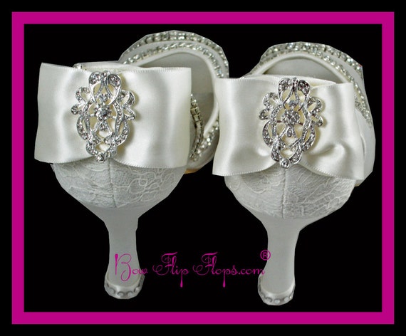 Ivory Wedding Heels Bridal Shoes 3.5 inch Peep Toe Satin Vintage Lace ...