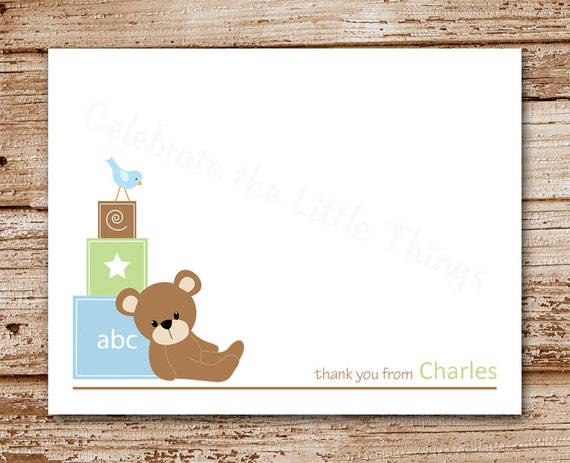 Set of 8 Baby Boy Thank You Cards - Teddy Bear Blocks - Blank Cards - Note Cards - Personalized Stationery - Notecards - Blue Il_570xn