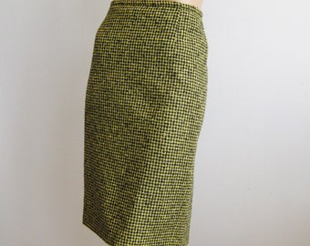 Vintage 80s Skirt Mondi Italian Wool Black & Yellow Houndstooth Check Pencil Skirt