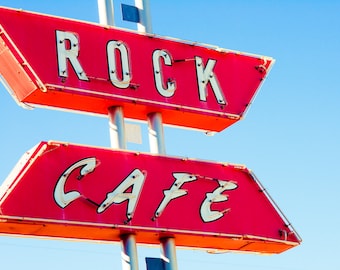 Cafe Sign, Fine Art Photo, Retro Decor, Neon Sign, Route 66 Wall Art, Oklahoma, Home Decor, Red and Blue, Neon light, Road trip, Americana