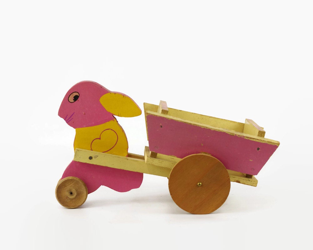 Vintage Easter Toy Wooden Toy Bunny with Cart Easter Table
