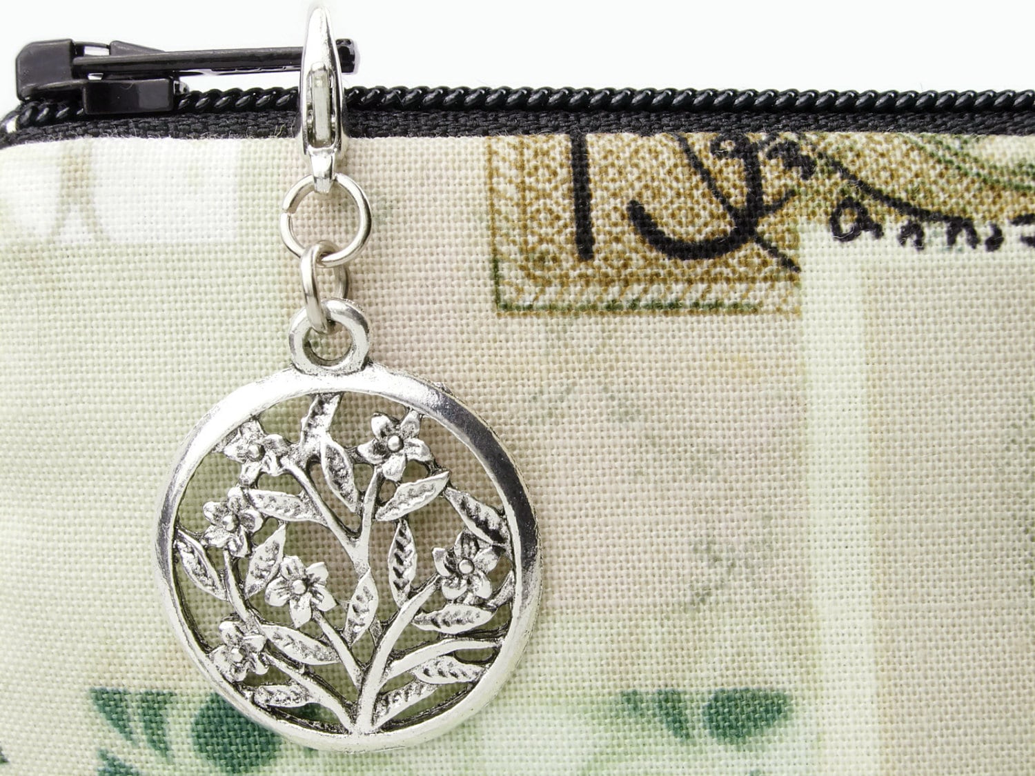 Floral zipper pull charm antique silver finish flower charm