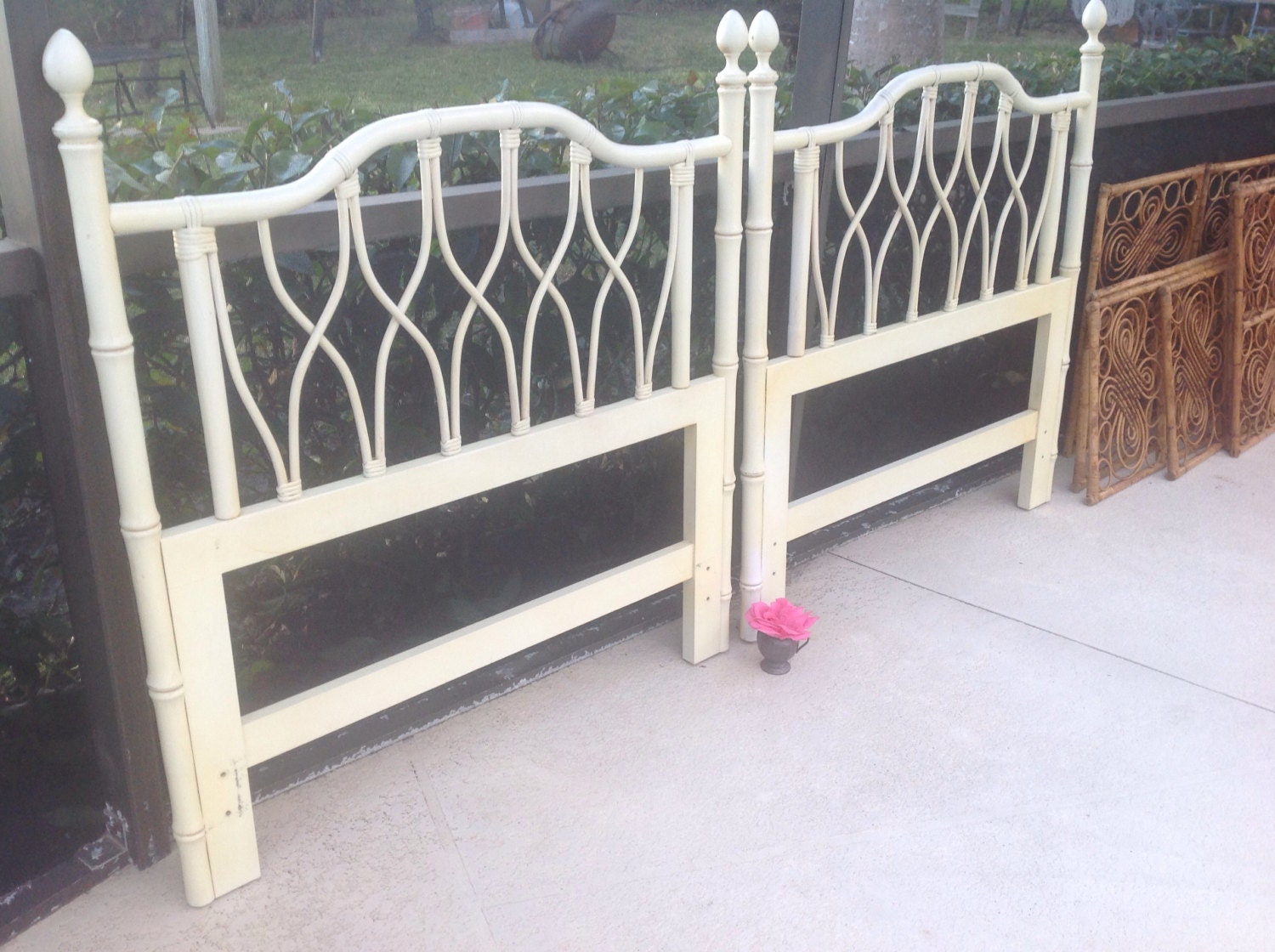 RATTAN TWIN HEADBOARDS Ficks Reed Style / Pair of Faux Bamboo Rattan ...