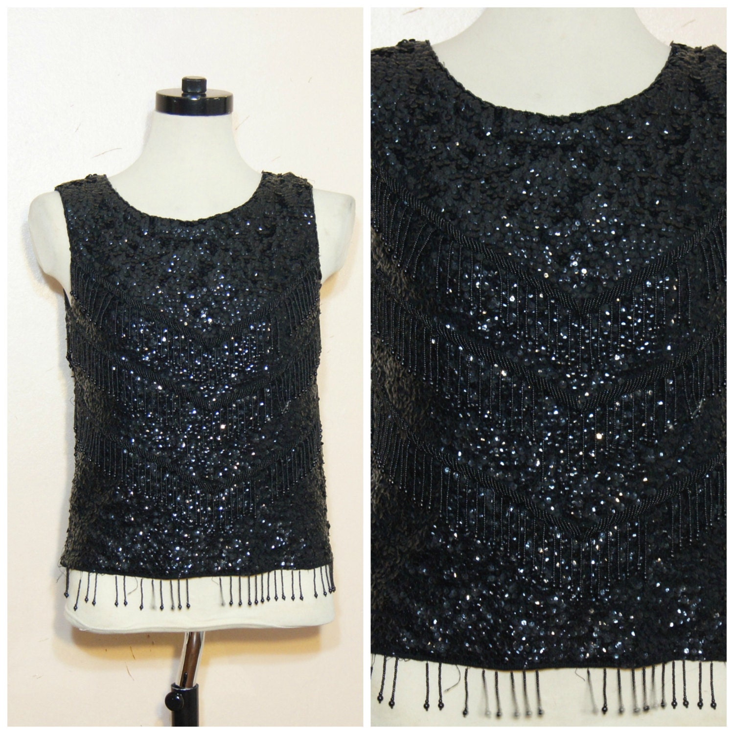 60s Black Sequin Beaded Fringe Tank Top Small Medium Fancy