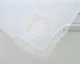 Handkerchief: Wedding Handkerchief, Linen Handkerchief, Lace Handkerchief with a 3-Initial Monogram