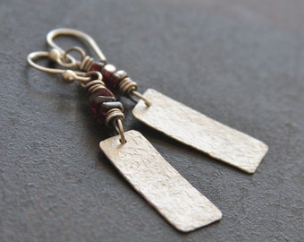Hammered Sterling Silver Earrings with Garnet , Textured Sterling Earrings, Sterling Silver Garnet Earrings