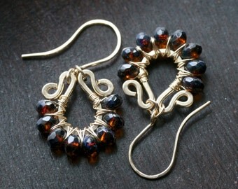 Wire wrapped beaded dangle earrings, 14k gold filled, amber brown Czech glass beads, hoop, drop earrings, Mimi Michele Jewelry