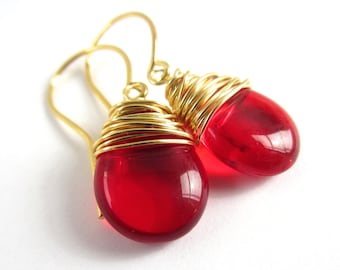Red Earrings Wire Wrapped Earrings Ruby Earrings July Birthstone Jewelry Red Jewelry Wire Wrapped Jewelry Handmade