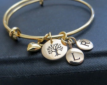 Mother of the groom gift, mom bangle, personalized mother jewelry, tree of life charm, family childrens initials, gift for grandma