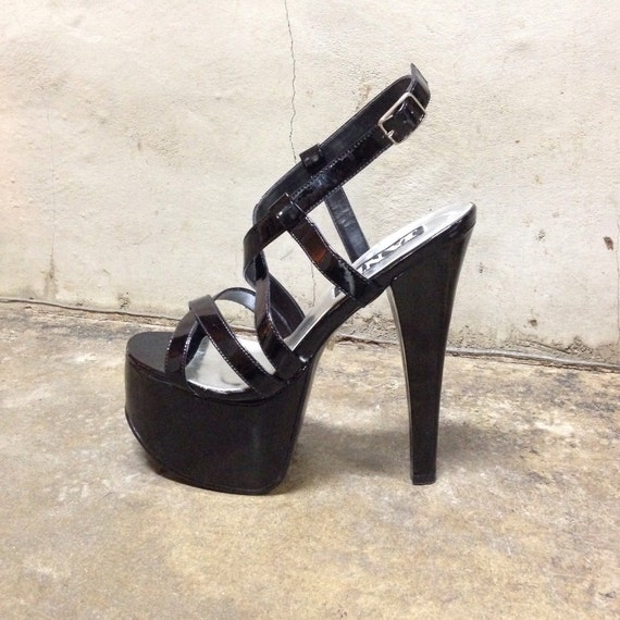 90s platforms shiny black strappy high heel platform by NTRDMNSNL