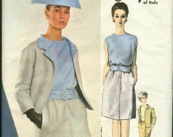 1960s Galitzine Designer Suit Blouse Slim Skirt Bias Cut Sleeveless Blouse Jacket Vogue 1496 Size 14 Bust 34 Women's Vintage Sewing Pattern