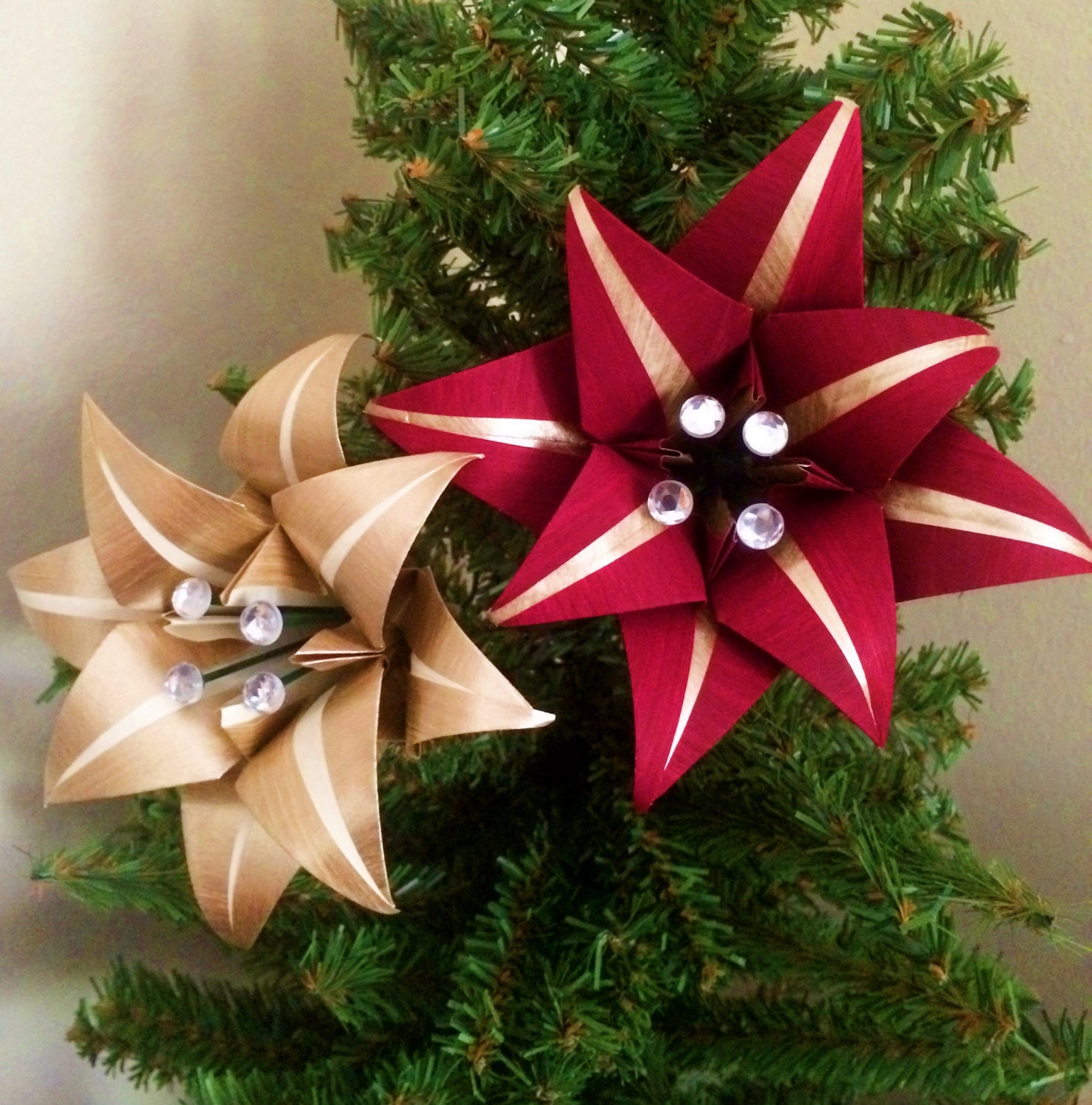 2 Handmade Stargazer Lily Ornaments- red and gold, christmas ornament,holiday decor, home decoration, origami,gifts under 25,perfect for her