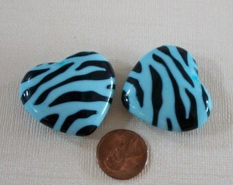 Two Large Turquoise Blue Zebra Striped Lucite Heart Beads