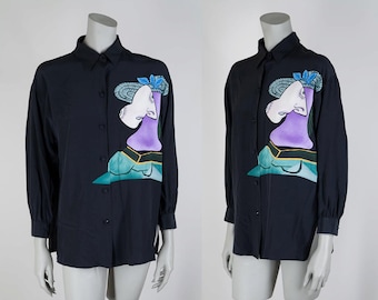 SALE Vintage 90s Blouse / 1990s Black Silk Picasso Print Loose Fit Blouse M