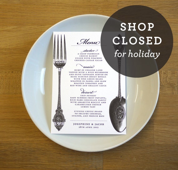 Spoon and Fork Wedding Dinner Menu 'Vintage by twoforjoypaper