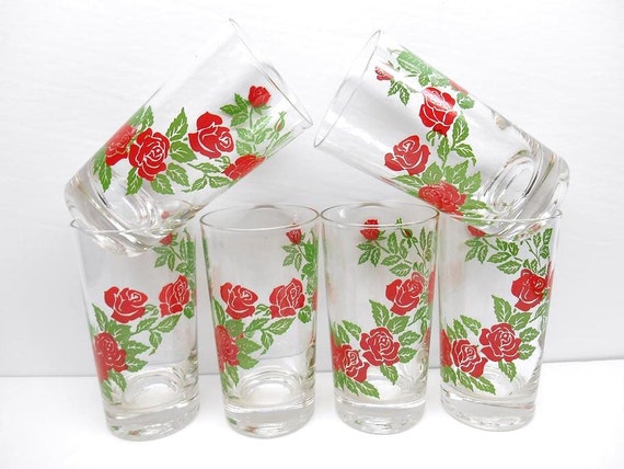 Vintage Red Rose Drinking Glasses By Ricsrelics On Etsy