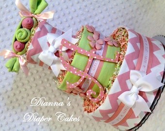 Peas in a Pod Girls Pink and Mint Green Baby Diaper Cake Shower Gift or Centerpiece with or without initial