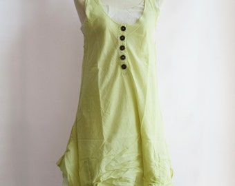 D7, Two Tone Kawaii Light Yellow Cotton Dress, Green sundress