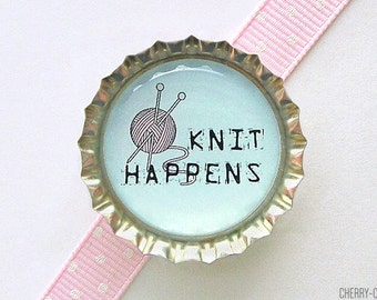 Knit Happens Bottle Cap Magnet - kitchen organization, gift for knitter, yarn love knitter gift, knitting gift ideas, knitting club favor