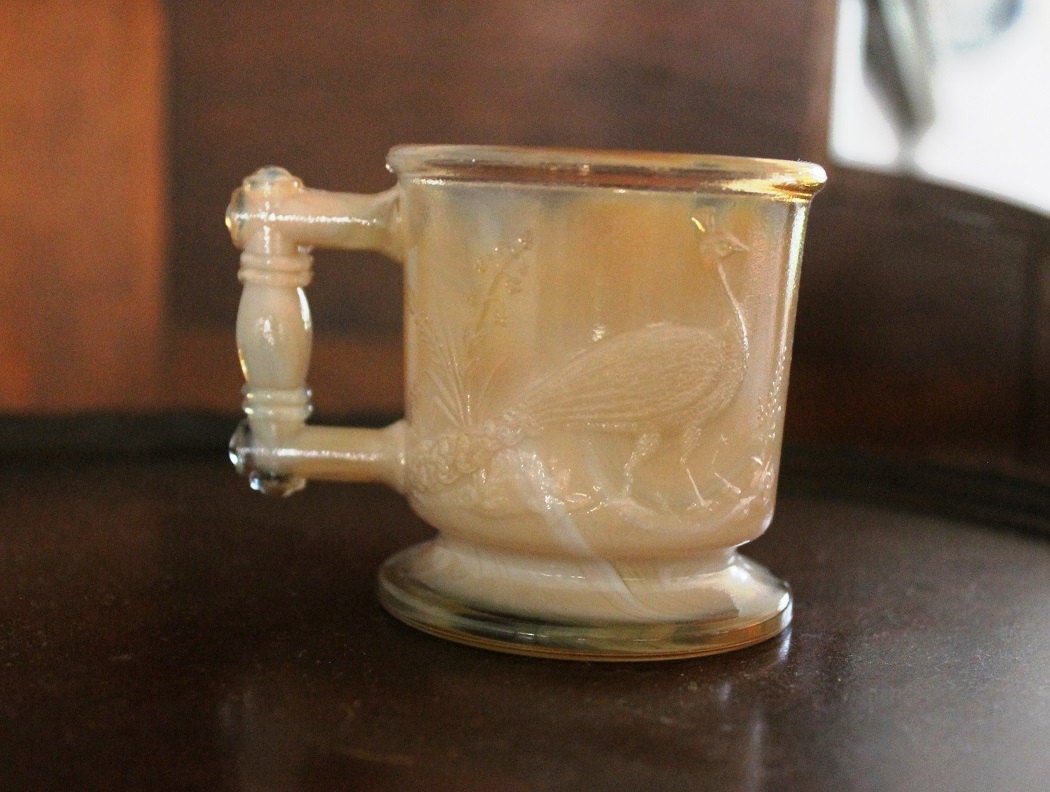 Degenhart glass mug Heron and Peacock 1970s reproduction of