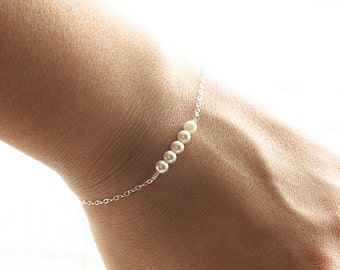 Everyday Tiny Pearl Bracelet - Tiny and Dainty Row of Swarovski Pearls, Sterling Silver Bracelet - Bridal Bracelet, Bridesmaid Bracelet