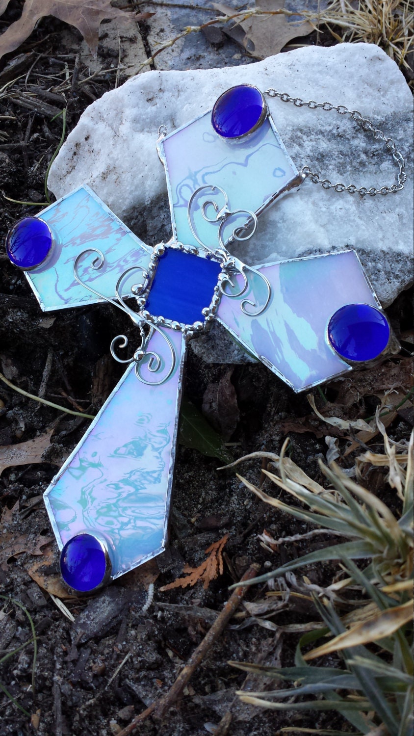 Easter stained glass suncatcher cross in white and royal blue