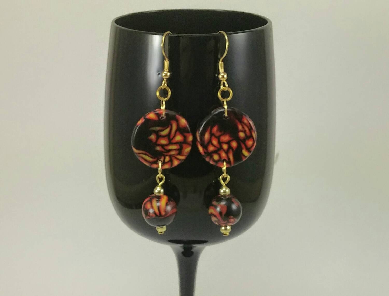 Dangle fire earrings Item E1061 Polymer Clay by CatsUniqueBeads
