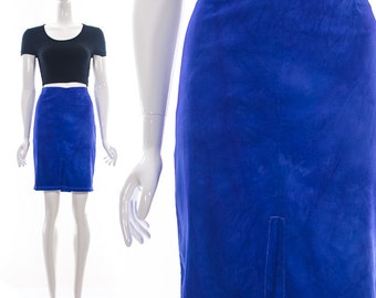 Vintage Bright Cobalt Blue HIGH WAIST PENCIL Skirt Front Slit Seam Wiggle Mad Men Medium Large