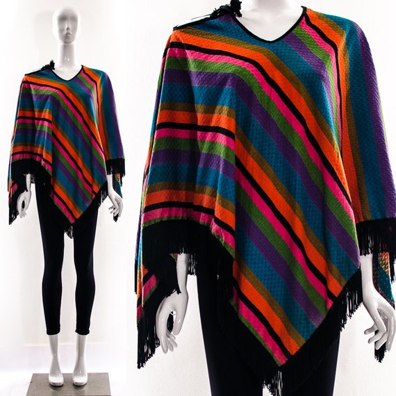 Rare Vintage 60s RAINBOW Black FRINGE CAPE Poncho Cloak Sophia