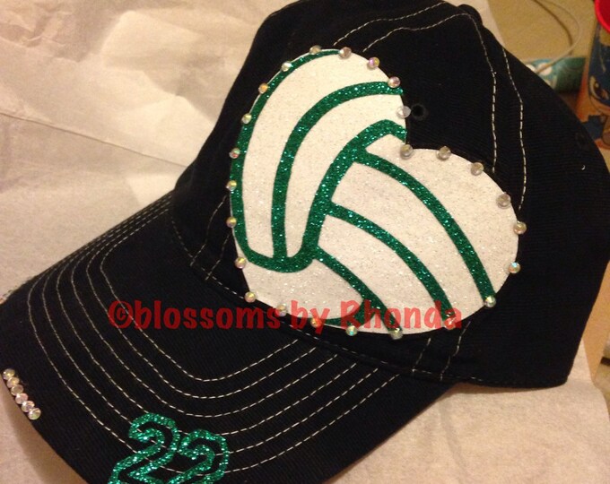 Volleyball Heart Baseball Cap, Volleyball Coach Gift, Volleyball Mom Hat, Womens Baseball Cap, Rhinestone Trucker, Gifts for Her, Sports