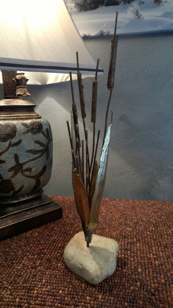 Brass Cattail Sculpture Mid Century Metal Home by WhatsOnTheShelf