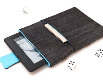 Kindle Fire, Kindle Voyage, Kindle Paperwhite case cover sleeve handmade with magnetic closure dark jeans denim and blue with pocket