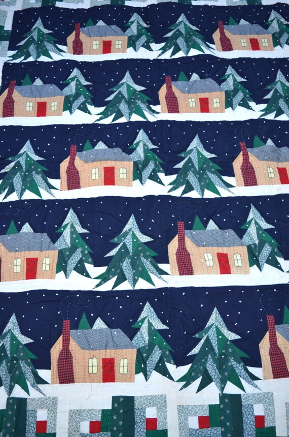 Vintage LL Bean Quilt Christmas Throw Log Cabin Snow 48