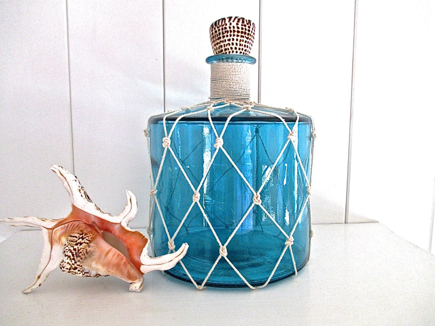 Nautical Decor Turquoise Glass Vase/Jug w/ Rope by searchnrescue2