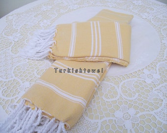 Turkishtowel-Set of 2-Hand woven peshkirs-hand,tea,dish towels-White stripes on yellow