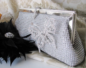 Rich Silver Satin Fabric Wedding Bag Clutch Formal Evening Bag covered Austrian Crystals