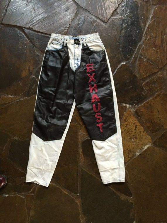 1980's Vintage Exhaust Acid Wash Jeans With Leather by junkzie