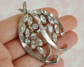 Vintage Rhinestone and Silver Metal Brooch by BSK