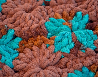 Handmade crochet blanket - plush peacock blue and brown - Ready to ship!