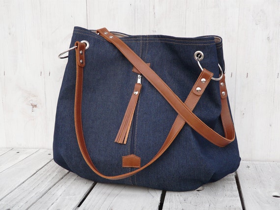 jeans canvas hobo tote bag boho bag Leather strap blue by SKmodell