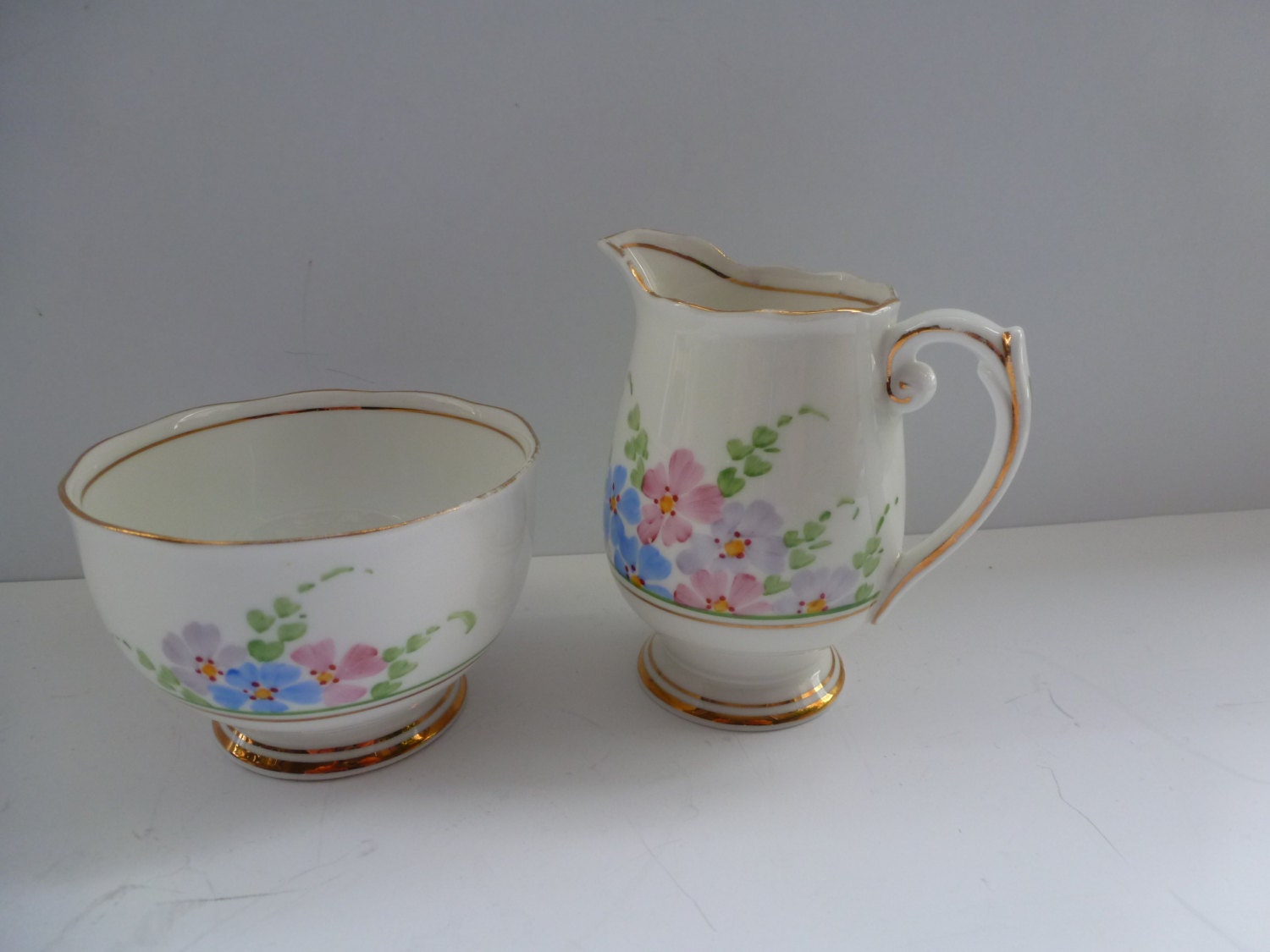 Cream and Sugar Set Vintage Cream Pitcher and Sugar Bowl Made in England by Roslyn China Haute