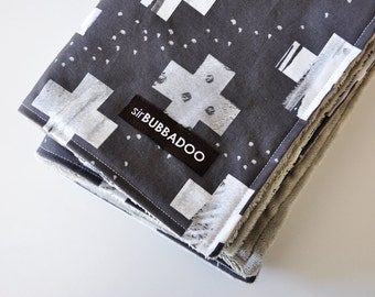 baby blanket, chracoal plus and silver bubble dot minky