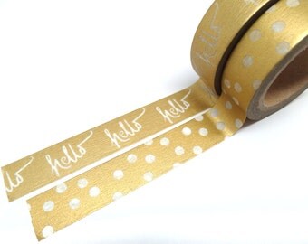 FREE SHIPPING - Hello - Gold Washi Tape - Gold Polka Dot Washi Tape Set of 2, 15mm x 10m