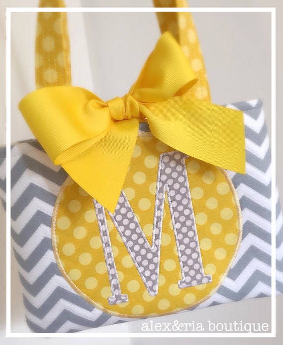 Monogrammed Chevron Tote Bag Flower Girl Gift Yellow and Gray Wedding ...